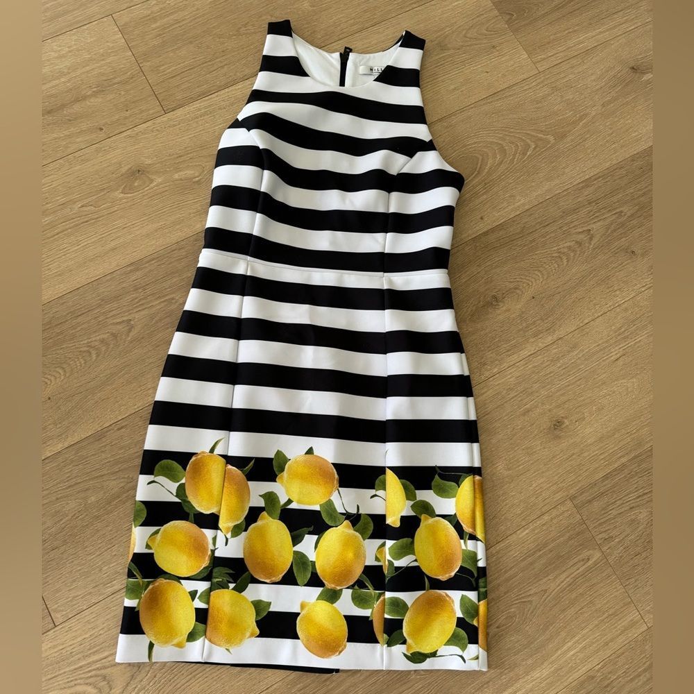 Milly black and white striped dress with lemons